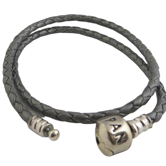 Pandora Braided Leather Silver Grey Charm Bracelet Double Wrap 16.1" - Picture 3 of 3